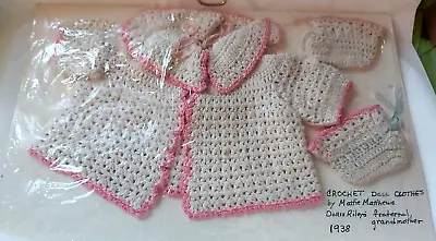 Antique 1938 Hand Crochet Doll Sweater & Booties W/ Blue & Pink Ribbons Sealed  • $16