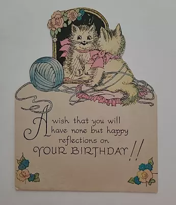 Vtg KITTEN Looking In Mirror BIRTHDAY Flat Panel DECO Era Greeting CARD • $8