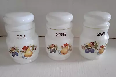 Vintage 1970's Giorgi Decor  Milk Glass Tea Coffee Sugar Jars With Fruit Design. • £19.95