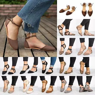 Women Ankle Strap Ballet Pumps Ballerina Flat Sandals Casual Comfort Shoes New • £12.50