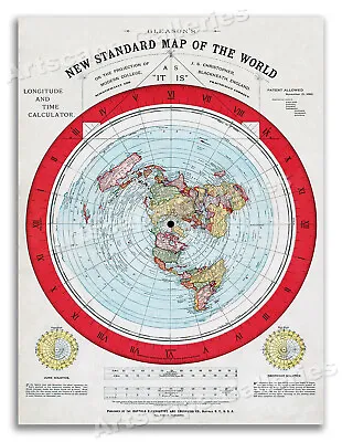 1892 Flat Earth Map - New Standard Map Of The World - 18x24 • $12.95