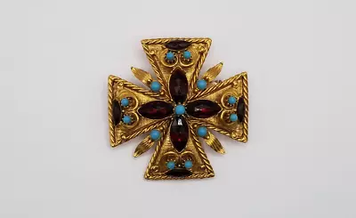 Vtg Florenza Faux Turquoise Faceted Garnet Rhinestone Maltese Cross Pin Brooch • $235