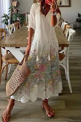 Summer Womens Holiday Maxi Dress Ladies V Neck Beach BoHo Floral Dress Plus Size • $32.32