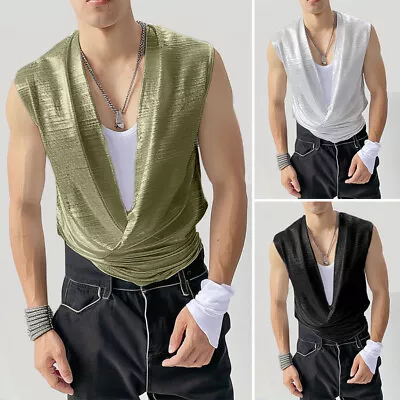 Mens Sleeveless Waterfall Glitter Loose Tank Tops Party Shirt Clubwear Blouse • $18.04