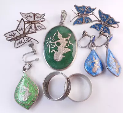 Vtg Lot SIAM STERLING Silver Enamel Jewelry Butterfly Earrings Pendant Rings Etc • $24.99