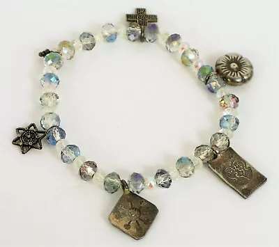 Vintage Flashy Stretch Bracelet Silver Tone Charms Star Of David Flower Family ! • $10