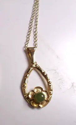 Vintage Wishbone Shaped Gold Plated Necklace With Jade Stone In Flower • $7.99