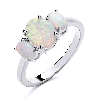 925 Sterling Silver Opal Ladies Trilogy Three Stone Ring Size J To S • £14.95