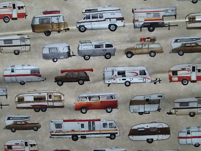 Retro Trailers Campers Rvs Vw Bus Motorhomes Tan Cotton Fabric Fq  • $4.25