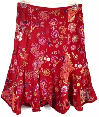 ECI New York Size 6 Embroidered Red 100% Silk A-line Godet Flared Hem Skirt $148 • $22.99