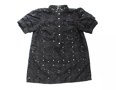 J. Crew Black Puff Sleeve Popover Floral Eyelet Top Women's Size XXS • $18