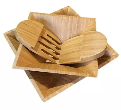 Pampered Chef Bowls Wood Large Square Serving Medium Salad +Tongs 4 Pc Set As Is • $49.95