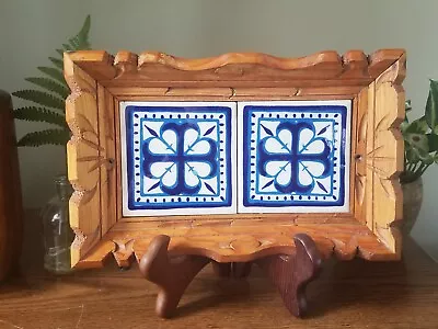 Vintage Handcarved Wood Blue White Ceramic Tile Serving Tray Mexico Boho • $14.75