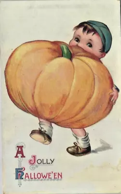 Vintage  A Jolly Halloween  Postcard Cute Victorian Boy Carrying Giant Pumpkin • $58.95