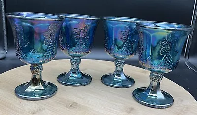 Gorgeous Set Of 4 Vintage Indiana Carnival Glass Blue Harvest Grape • $35