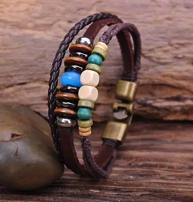 G72 Bronze Surfer Hemp Leather Wood Beads Wristband Bracelet Cuff Multi Color • £4.18