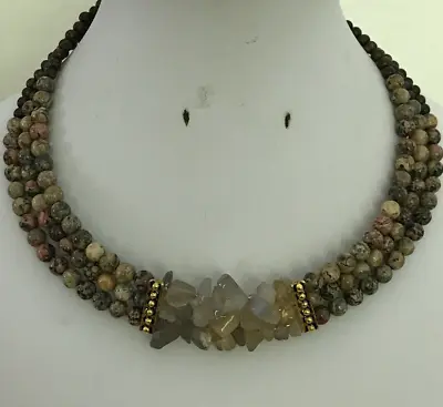 Agate Nugget Picture Jasper & Bronzite Bead Three Strand Memory Wire Necklace • £16