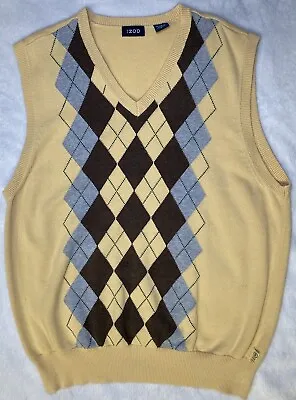 Vintage Izod Argyle V Neck Knit Tennis Golf Sweater Vest Yellow Size L • $19