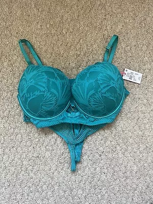 2 SIZES BIGGER MAXIMISE SUPER BOOST BRA & THONG SET PRIMARK 32B Green XS 6 8 • £15.49