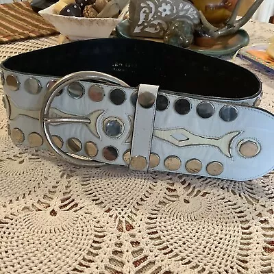 White Silver Studded 3.5  Wide Leather Belt France Waist 30  To 34  Elvis Style! • $74.99