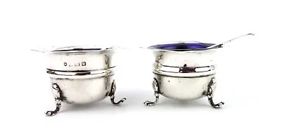 Antique Pair Of Sterling Silver Salt Cellars & Spoons Birmingham 1914 • £74.99