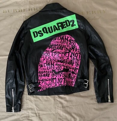 $1620 • Buy Dsquared2 Punk Print Biker Leather Jacket Size 52 $3100 Black
