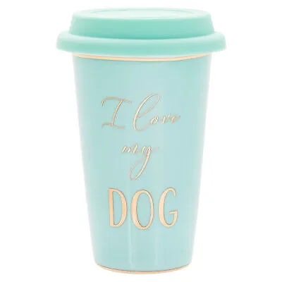 Fine China Green Travel Mug- Silicone Lid Gold Wording And Trim - I Love My Dog • $18.97