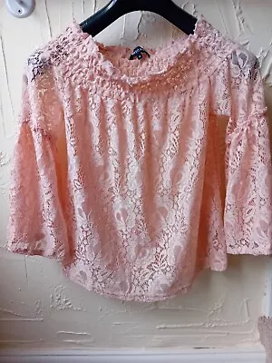Cameo Rose Size 12 Salmon Pink Stretch Lace Top • £2.50