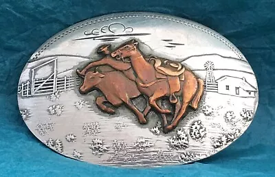 Vintage American Cowboy Bull Dogging Steer Wrestling Irvine Jachens Belt Buckle • $54.95