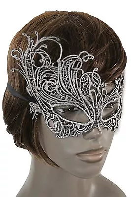 Women Head Half Face Eyes Mask Black Fabric Mardi Gras Costume Silver Filigree • $13.46