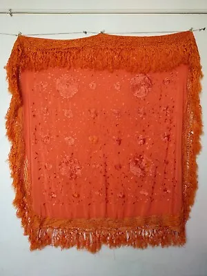 Vintage Chinese Type Silk Embroidery Piano Shawl Fringes Floral Scarf Item725 • $175