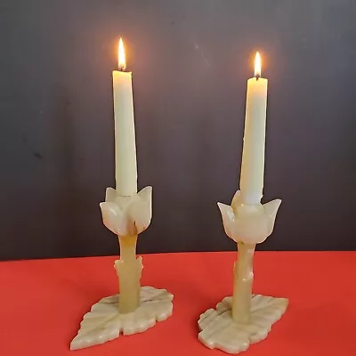 VTG Italian Tulip-shaped Marble/Onyx Carved Candlestick Candle Holders Pair Read • $48