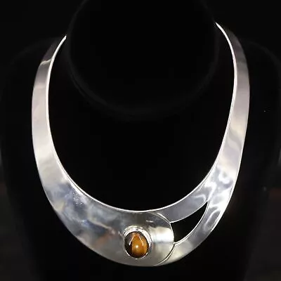 VTG Sterling Silver MEXICO TAXCO Tigers Eye 13  Heavy Collar Choker Necklace 93g • $33