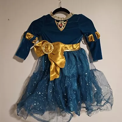 GIRLS ELEGANT DISNEY PRINCESS MERIDA TEAL/GOLD DRESS/COSTUME 3t 4t Euc Dress Up • $28