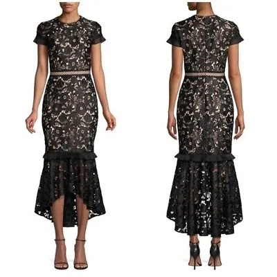 Shoshanna Midnight Senna Lace Mermaid Gown Guipure Black Nude Underlay Sz 10 • $199