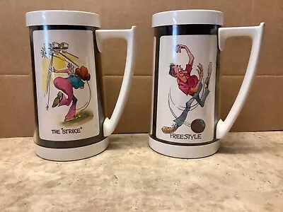 Thermo Serv Dart Mugs Cups Tumblers Vintage Bowling Cartoon 1976 2pc Set • $21.99