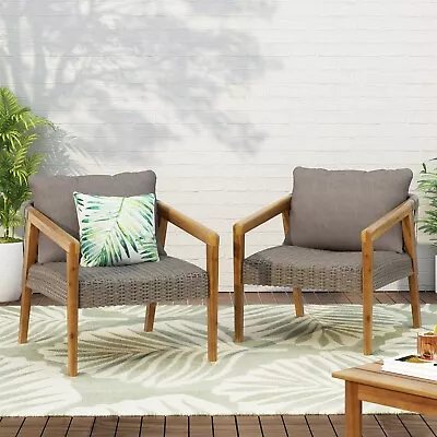 Breck Outdoor Acacia Wood And Wicker Club Chairs With Cushion Set Of 2 Teak An • $244.51