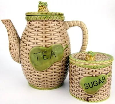 Vintage 2pc Retro Teapot & Sugar Bowl Tea Set Basket Weave Pineapple Lid Japan • $45