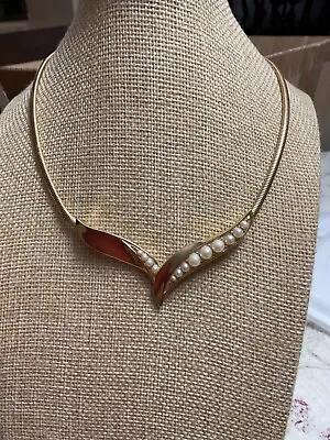 Vintage Trifari Faux Pearl Gold Tone Choker Necklace Signed • $25