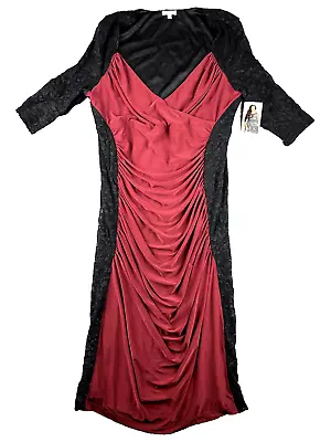 Kiyonna Women’s Ruched Low V-neck Burgundy And Black Lace Party Dress Size 2 • $34.99