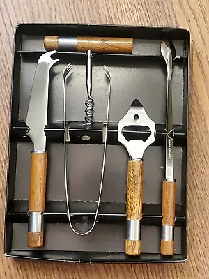 Vintage 5 Piece Cocktail Set Bartender Bar Tools New Stainless Steel Wood • $12.99