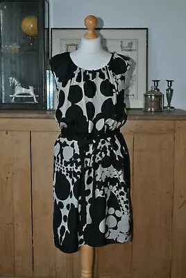 Ladies South Luxury Black & Beige Polka Dot Silk Retro Belted Shift Dress UK 12 • £8.85