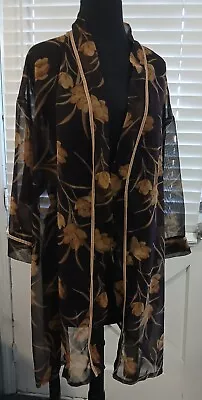 Frederick's Of Hollywood Sheer Blck Gold Floral Belted Robe Velvet Trim 50088 SM • $19