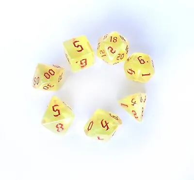 Wyvern Sparkling Yellow Polyhedral Dice Set Of 7 -D4 To D20 Red Numbers RPG DND • £7.99
