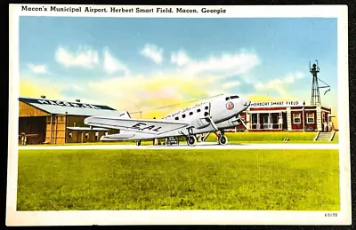 Macon Georgia Herbert Smart Field Airport Antique Old Linen Postcard Unused • $5