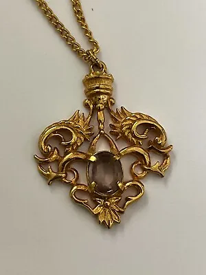 Vintage Fleur De Lis Necklace Gold Tone Purple Stone Jewelry • $29.50