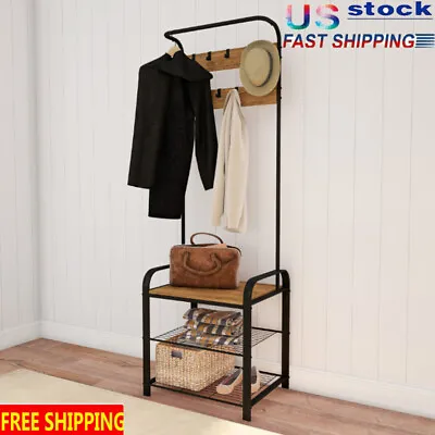 Bench Hall Tree W/Coat Rack Seat Hooks Shoe Storage Entryway Hall Bedroom Brown • $107.25