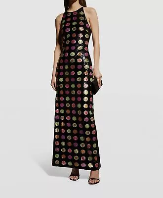 $795 Nicole Miller Women's Black Sequin Polka-Dot Halter Gown Dress Size XL • $254.78