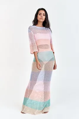 PITUSA Petite Pastels 3/4 Sleeve Rainbow Crochet Maxi Beach Dress • £89