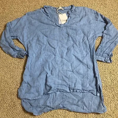 Francesca Bettini 100% Linen Top Lace Detail Peasant Italy Blue 3/4 Sleeve Sz L • $33.88